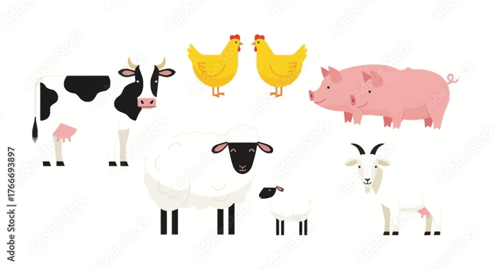 Obraz premium Flat illustration of various farm animals standing together on a white background