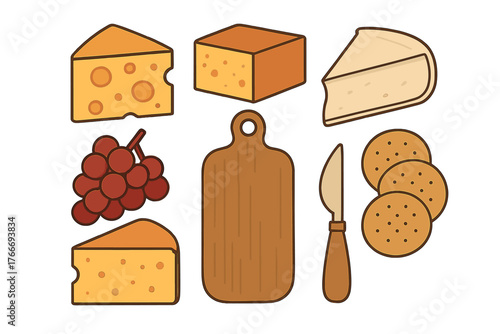 Cheese assortment with blocks, wedges, grapes, crackers, wooden cutting board, and knife