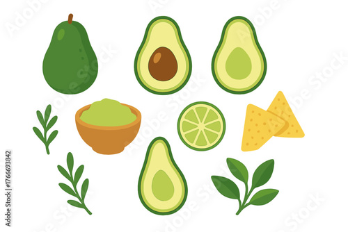 Collection of fresh avocado fruit, cut halves, guacamole dip in a bowl, lime slice, and tortilla chips