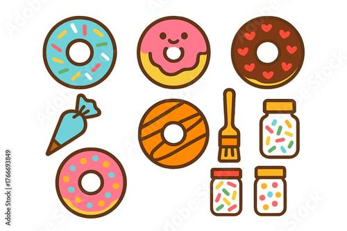 Colorful glazed donuts with sprinkles, confectionery decorations, and baking tools