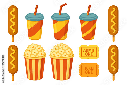 Popcorn buckets soda cups corn dogs and golden admission tickets for movie night