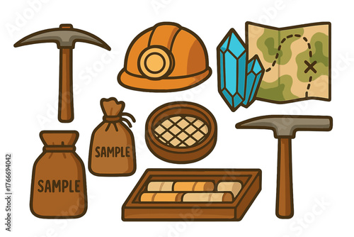 Mining and prospecting tools collection including hard hat, pickaxe, dynamite, map, crystals, and sample bags