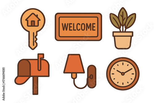 Home ownership and domestic life symbols including key, welcome mat, mailbox, and clock