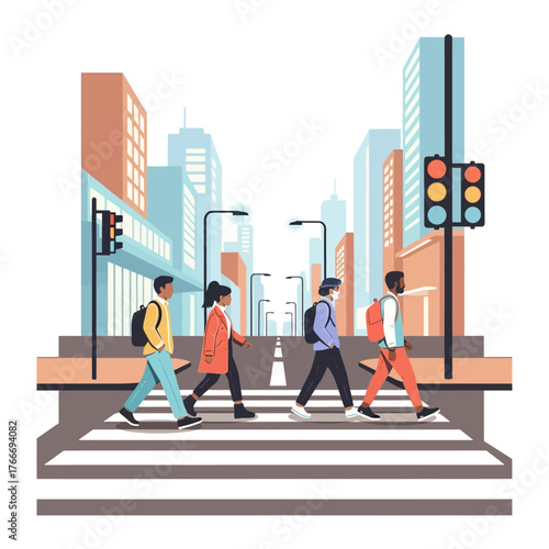Diverse group of young people crossing a city street on a pedestrian crossing, representing urban life and community