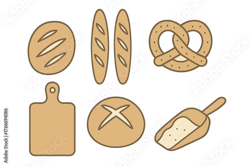 Assortment of bakery items and tools: bread, pretzel, wooden board, and flour scoop