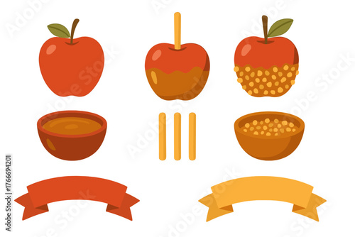 Autumn caramel apple ingredients set including fruit, dipping sauce, toppings, sticks, and ribbons