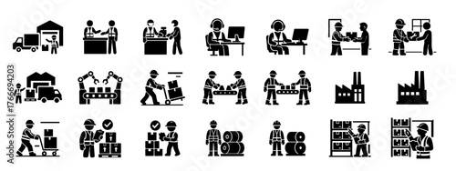  Industrial Process Black Filled Icon Set – Factory, Manufacturing, Automation, PPE Safety Workers, Logistics & Service Vector Pack