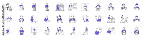  Line Faceless Cleaning Service Avatar Icon Set Minimal Professional Cleaner Character Line Art Modern Hygiene & Janitorial Vector Pack