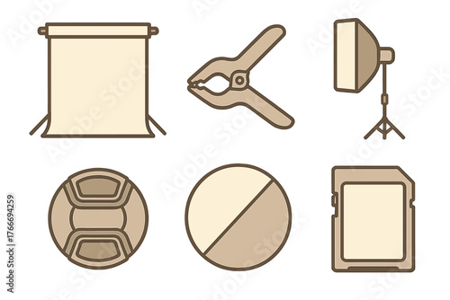 Essential photography studio equipment set featuring backdrop clamp softbox and memory card accessories