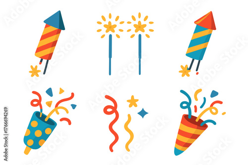 Colorful set of festive celebration items including rockets, sparklers, and poppers