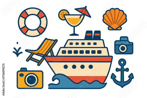 Summer cruise vacation travel items including ship anchor camera cocktail and lifebuoy