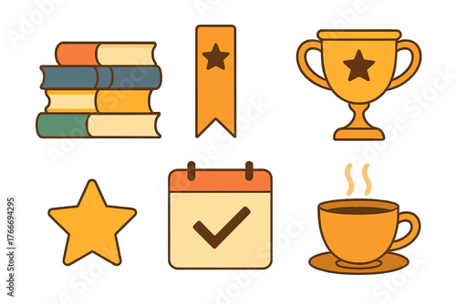 Educational achievement and daily routine symbols featuring books trophy calendar and coffee cup