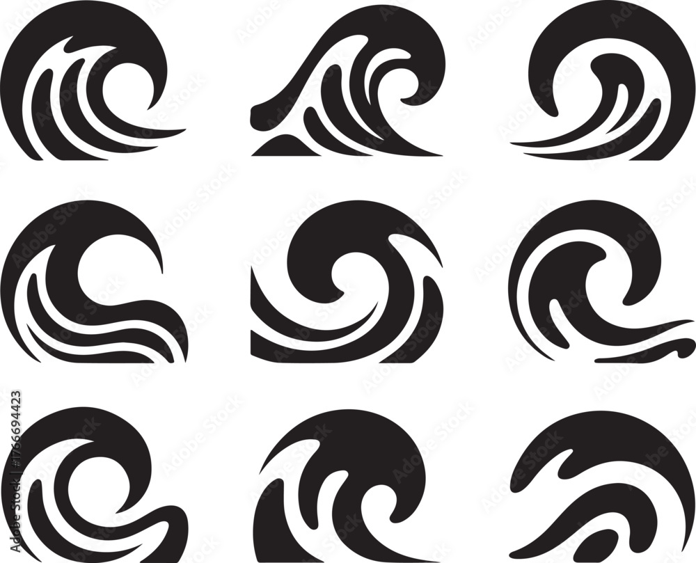 Fototapeta premium Stylized Wave Collection Ocean Graphic Artistic Curly Illustration Isolated Transparency