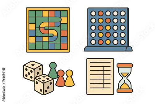 Classic board game elements collection including dice, pawns, and game boards