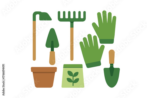 Essential gardening tools set including gloves rake trowel hoe pot and seed packet for planting