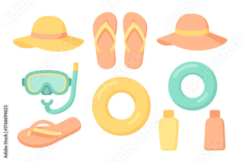 Colorful collection of summer beach vacation essentials including sun hats, sandals, snorkel, and swim rings