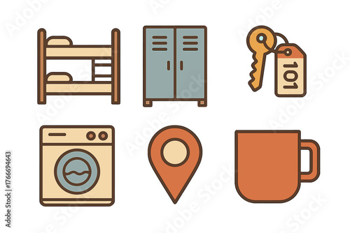 Hostel and dormitory amenities set featuring bunk bed, locker, room key, washing machine, location pin, and coffee mug