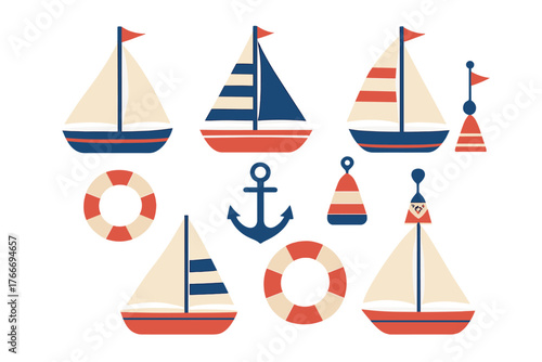 Nautical marine elements collection with sailboats, life rings, anchors, and buoys