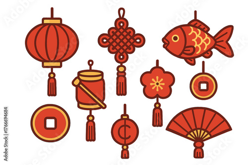 Traditional Chinese New Year ornaments set featuring lanterns, lucky knot, fish, and coins