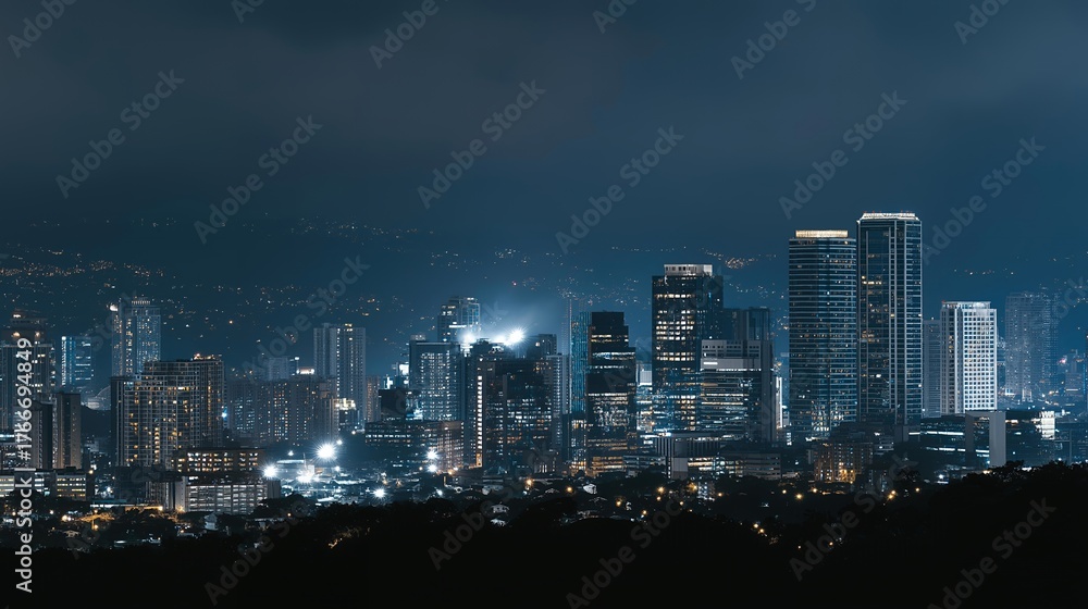 Obraz premium Wide view of neon-lit winter skyline powered by renewable energy sources, emotion of inspiration visible, representing sustainable architecture, smart grids, and innovation in urban climate design.