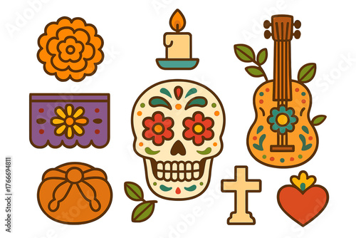 Traditional Mexican Day of the Dead symbols set featuring sugar skull and marigold flower
