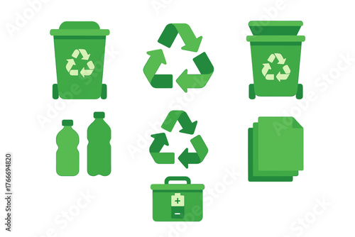 Green icons set for waste sorting, recycling symbols, trash cans, plastic bottles, paper, and battery disposal