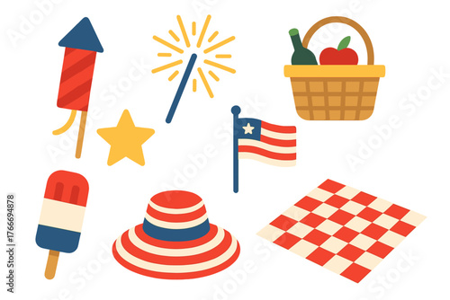 American patriotic celebration elements set with flag, rocket, sparkler, picnic basket, and summer hat