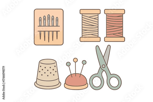 Essential tailoring and crafting supplies featuring scissors, thread, needles, thimble, and pincushion