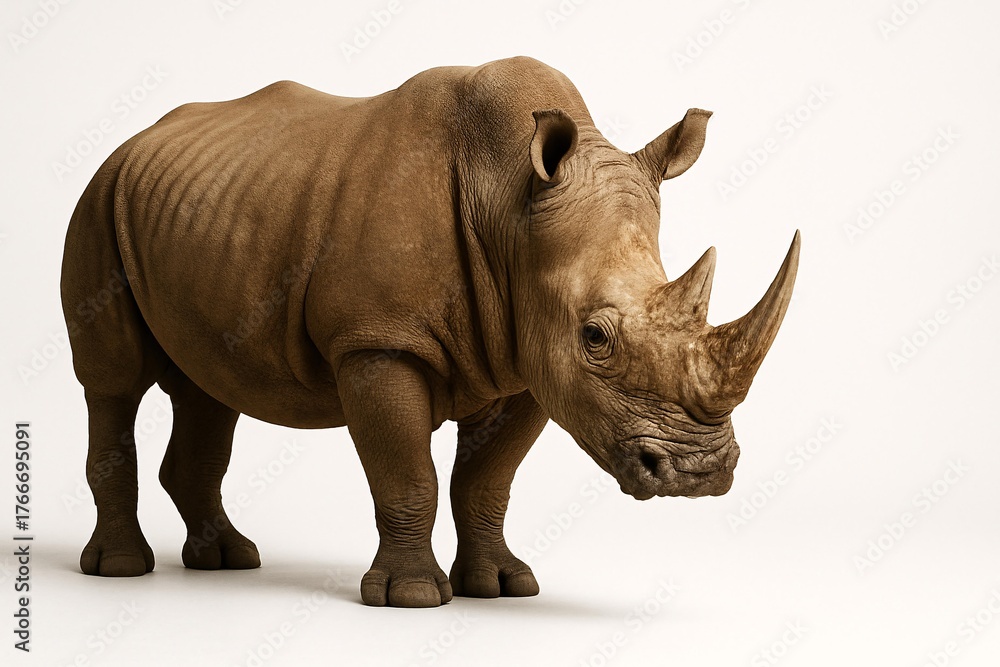 Fototapeta premium Majestic Rhinoceros on White Background – Wildlife Photography for Conservation Awareness