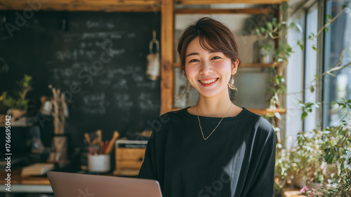 明るいコワーキングスペースで働く女性の光景