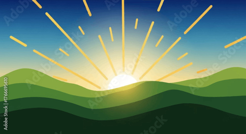Illustration of a sunrise over rolling green hills with a blue sky