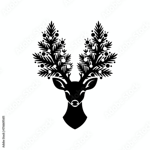 A stylized black deer head with christmas tree antlers and ornaments on a white background design