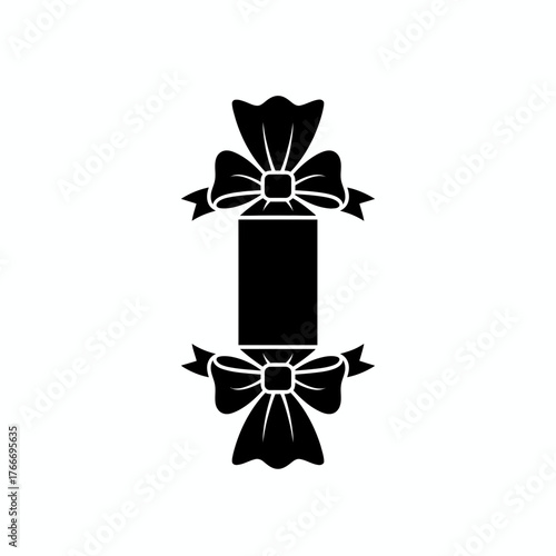 A black silhouette of a gift wrapped with bows on top and bottom on a white isolated background