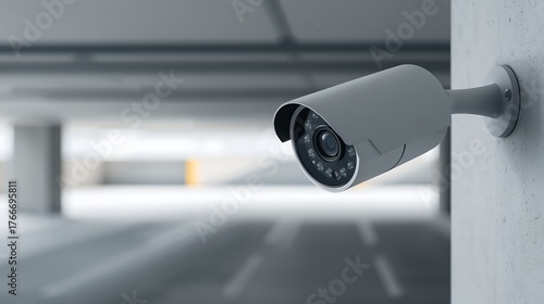 CCTV camera installed in a parking garage monitoring the area. A security camera oversees the building
