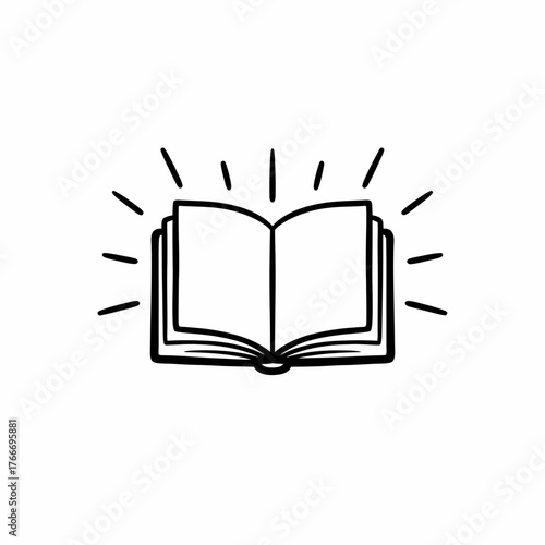 Open book with radiating lines representing knowledge or enlightenment in black and white simple style