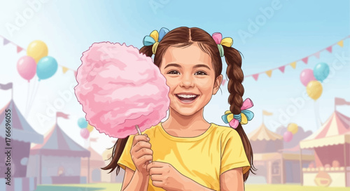 A young girl enjoying cotton candy at a vibrant fairground with colorful balloons and tents.