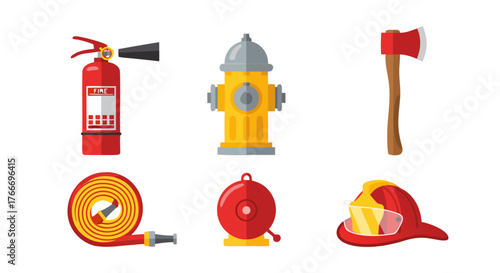 Firefighting equipment set extinguisher, hydrant, axe, hose, reel, and helmet, safety tools