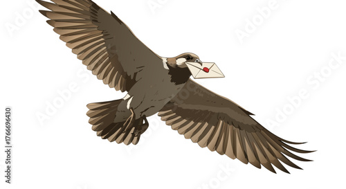 A majestic brown eagle soars through the sky, carrying a small white envelope gently clenched in its beak