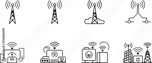 Outline Illustrations of 5G Network Towers with Transparent Background