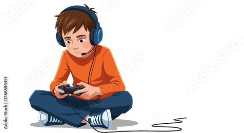 Illustration of a boy playing video games with a headset on a white background