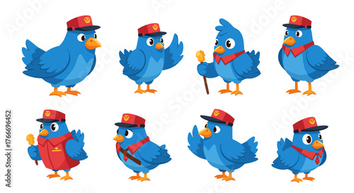 Set of cute blue birds dressed as mail carriers, wearing uniforms and hats, holding mail sticks, expressing various emotions and poses, perfect for communication and delivery themes