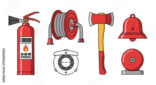 Firefighting equipment set fire extinguisher, fire hose, axe, alarm bell, and safety helmet for emergency response and fire safety