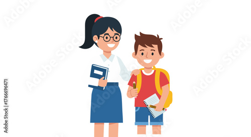 Smiling female teacher in glasses holding a book and a young boy with a backpack and notepad in an illustration