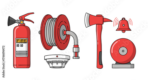 Collection of fire safety equipment, including an extinguisher, hose reel, axe, smoke detector, and alarm bell, symbolizing emergency preparedness