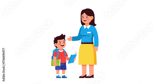 A smiling female teacher giving a book to a young boy with a backpack, symbolizing education and learning