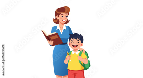 Happy young boy with a backpack standing next to a smiling woman holding an open book, educational concept