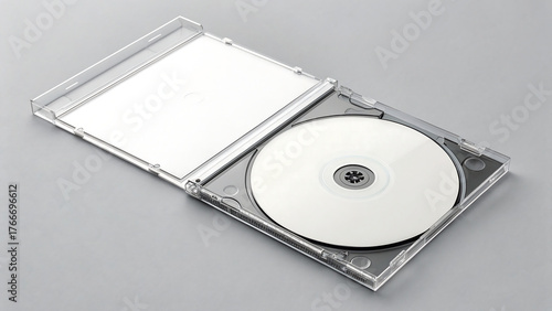 cd and dvd, blank dvd case, Open clear plastic CD jewel case with blank white disc and insert for branding. Mock-up of compact disc packaging on soft gray background. Represents digital storage, music
