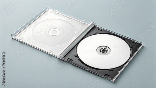 cd and dvd, blank dvd case, Open clear plastic CD jewel case with blank white disc and insert for branding. Mock-up of compact disc packaging on soft gray background. Represents digital storage, music