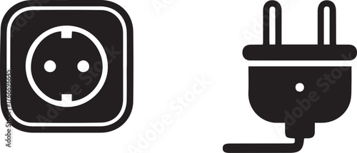 Black European electrical socket and plug icons on white background electricity power