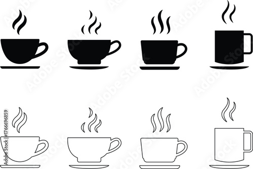 Hot coffee cup icon set steaming mug symbols for morning drink, cafe, and beverage design.